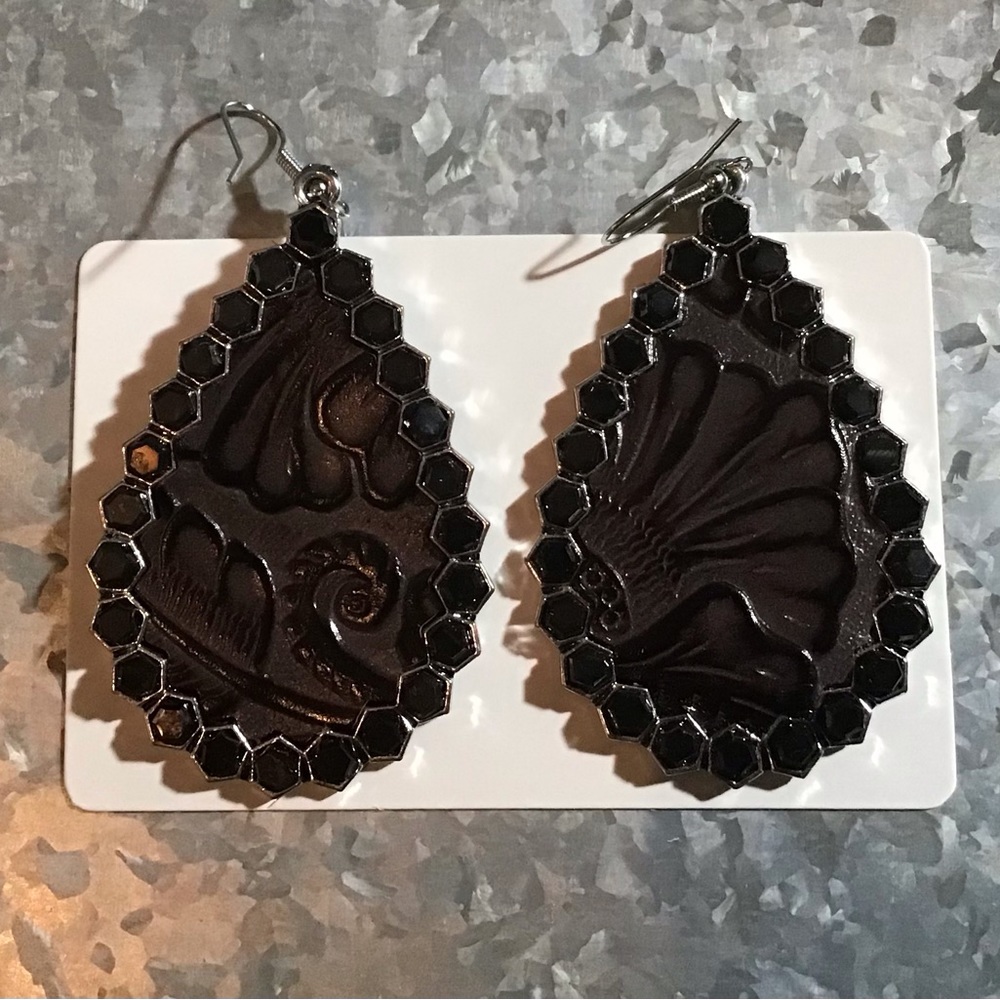 Dark leather like with tool feel with bead outline- dangle earrings